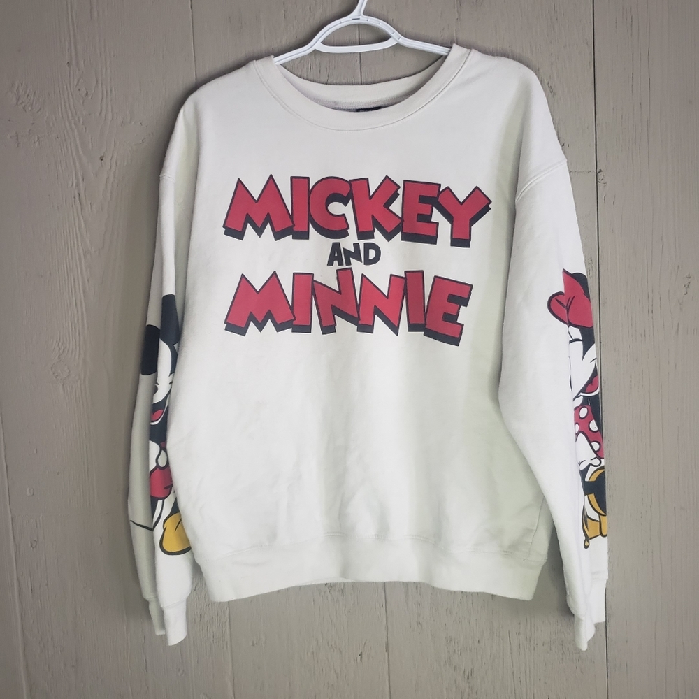 Disney Mickey Mouse Sleeve Graphic Mickey & Minnie Women's Crewneck Sweater Sz L